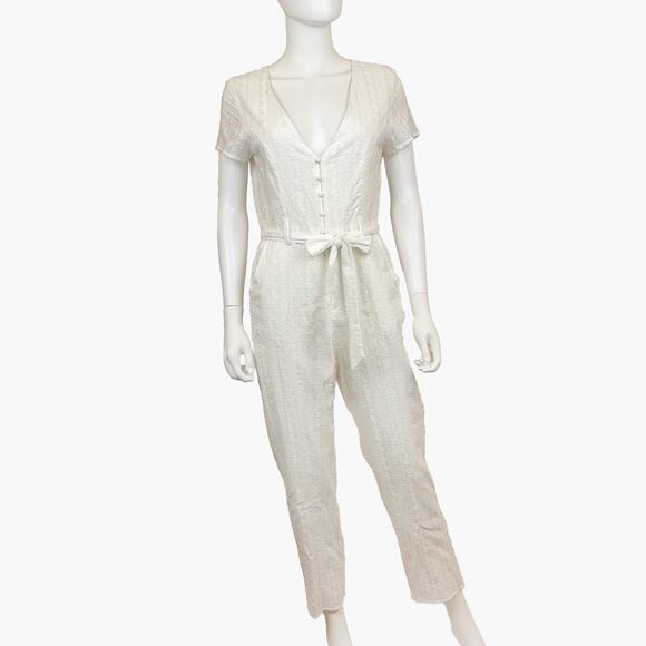 NWT VICI Textured Short-Sleeve V-Neck Belted Button-Up Jumpsuit (White | Size M) - Picture 1 of 11